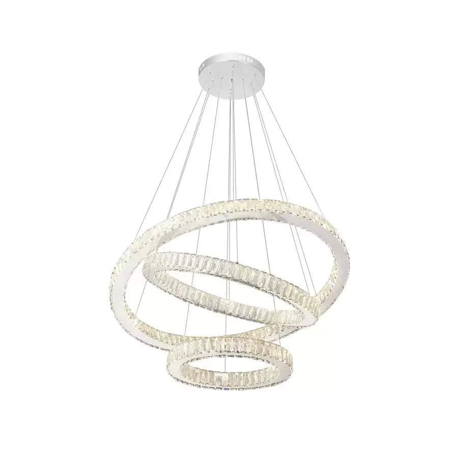 Lampadario LED a sospensione con telecomando e cristallo CAYDEN 200W, 3 Cerchi, Luce Fredda/Calda/Neutra, Dimmerabile, Cromo Lucido, Altezza Regolabile Lampadario LED Titolo predefinito Alessandro Design