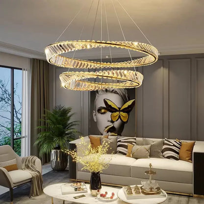 Lustra LED suspendata cu telecomanda si cristal CAIRO 98W, 2 Cercuri, lumina Rece/Calda/Neutra, Dimabila, Auriu Lucios, Inaltime Reglabila Lustre LED Cristal Default Title Alessandro Design
