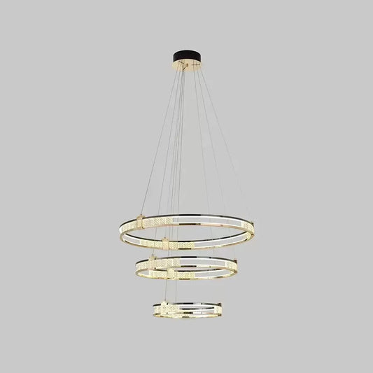 Lampadario a sospensione LED con telecomando e cristallo ROGER 150W, 3 Cerchi, Luce Fredda/Calda/Neutra, Dimmerabile, Oro Lucido, Lampadari LED in Cristallo Regolabili in Altezza Titolo predefinito Alessandro Design