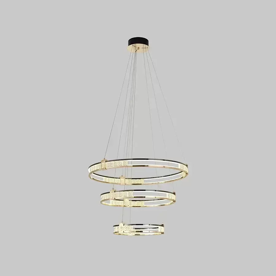 Lampadario a sospensione LED con telecomando e cristallo ROGER 150W, 3 Cerchi, Luce Fredda/Calda/Neutra, Dimmerabile, Oro Lucido, Lampadari LED in Cristallo Regolabili in Altezza Titolo predefinito Alessandro Design