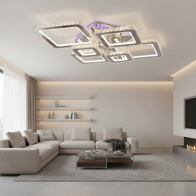 Lampadario LED con telecomando e cristallo NOVA RHOMBA RGB 168W, 6 Quadrati, Luce Fredda/Calda/Neutra, Dimmerabile, Cromo Lucido