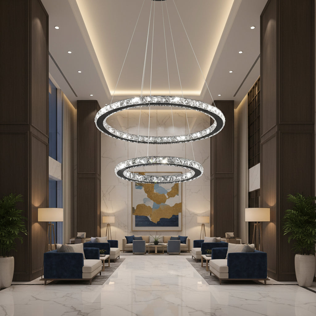 Lampadario LED con telecomando e cristallo PRISM LUMINIS 58W, 2 Cerchi, Luce Fredda/Calda/Neutra, Dimmerabile, Cromo e Bianco, Altezza Regolabile Lampadari LED con Telecomando Titolo predefinito Alessandro Design