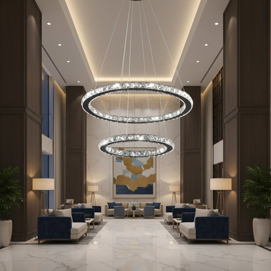 Lampadario LED con telecomando e cristallo PRISM LUMINIS 58W, 2 Cerchi, Luce Fredda/Calda/Neutra, Dimmerabile, Cromo e Bianco, Altezza Regolabile Lampadari LED con Telecomando Titolo predefinito Alessandro Design