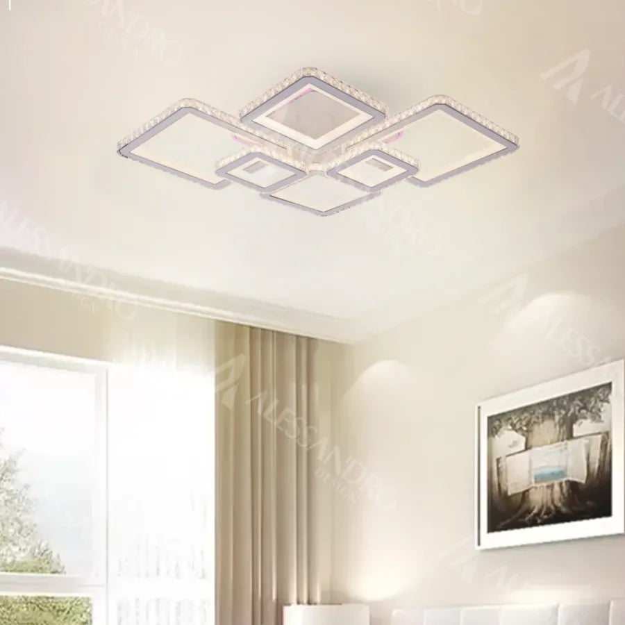 Lampadario LED con telecomando e cristallo QUADRIS RGB 175W, 6 Quadrati, Luce Fredda/Calda/Neutra, Dimmerabile, Lampadari LED Bianchi con Telecomando Titolo predefinito Alessandro Design