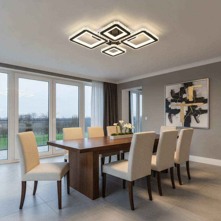 Lustra LED cu telecomanda si cristal QUADRIS RGB 96W, 4 Patrate, lumina Rece/Calda/Neutra, Dimabila, Negru