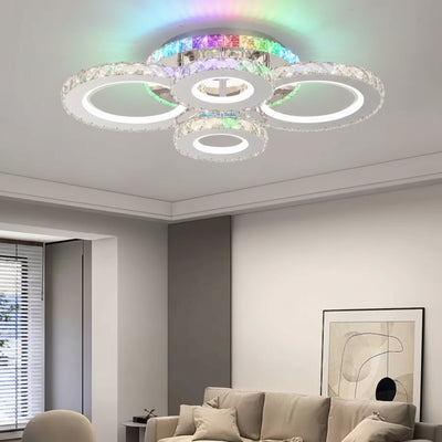 Lampadario LED con telecomando e cristallo NOVA ROTONDA RGB 82W, 4 Cerchi, Luce Fredda/Calda/Neutra, Dimmerabile, Cromo