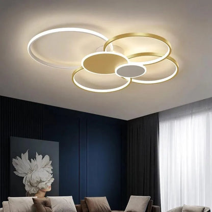 Lampadario LED con telecomando KILLIAN 74W, 6 Cerchi, Luce Fredda/Calda/Neutra, Dimmerabile, Lampadari LED Bianco Oro con Telecomando Titolo predefinito Alessandro Design