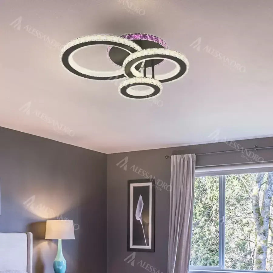 Lampadario LED con telecomando e cristallo LEOCADIA RGB 134W, 3 Cerchi, Luce Fredda/Calda/Neutra, Dimmerabile, Lampadari LED Cristallo Nero Titolo predefinito Alessandro Design