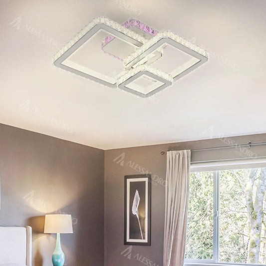 Lustra LED cu telecomanda si cristal BLAKELY RGB 166W, 3 Patrate, lumina Rece/Calda/Neutra, Dimabila, Alb Lustre LED Cristal Default Title Alessandro Design