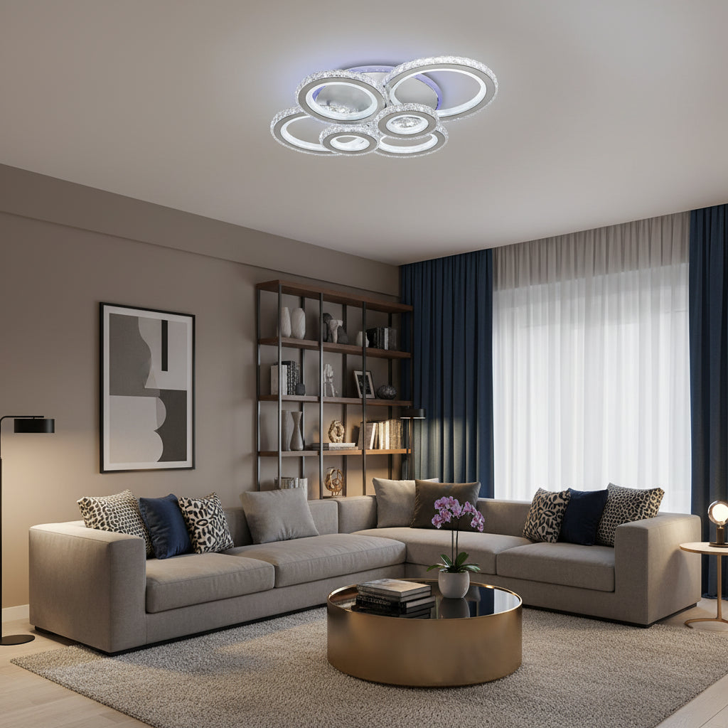 Lampadario LED con telecomando e cristallo NOVA ROTONDA RGB 145W, 6 Cerchi, Luce Fredda/Calda/Neutra, Dimmerabile, Lampadari LED Cristallo Bianco Titolo predefinito Alessandro Design