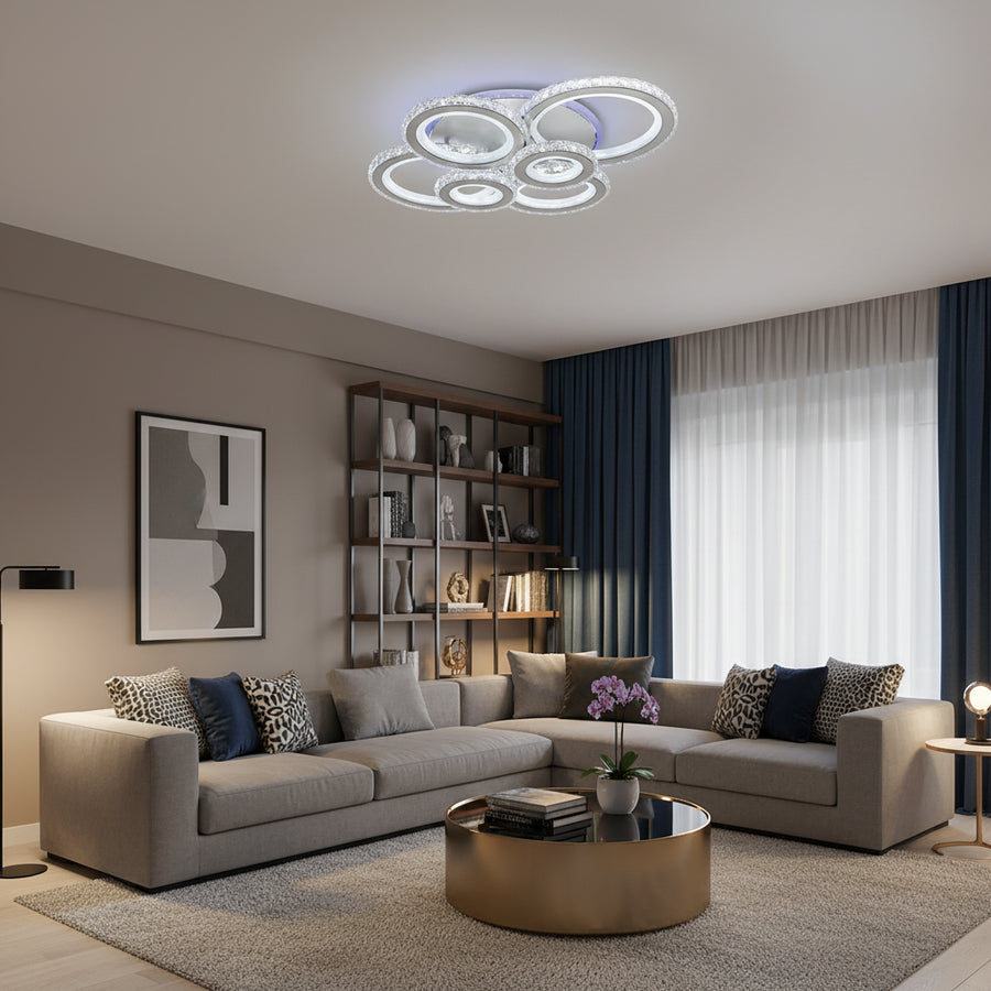 Lampadario LED con telecomando e cristallo NOVA ROTONDA RGB 145W, 6 Cerchi, Luce Fredda/Calda/Neutra, Dimmerabile, Lampadari LED Cristallo Bianco Titolo predefinito Alessandro Design