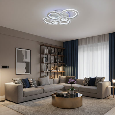 Lustra LED cu telecomanda si cristal NOVA ROTONDA RGB 145W, 6 Cercuri, lumina Rece/Calda/Neutra, Dimabila, Alb