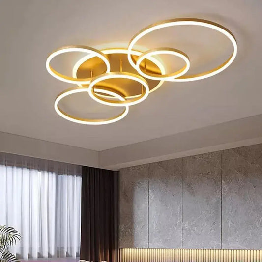 Lampadario LED con telecomando LYRA 248W, 5 Cerchi, Luce Fredda/Calda/Neutra, Dimmerabile, Lampadari LED Oro Spazzolato con Telecomando Titolo predefinito Alessandro Design