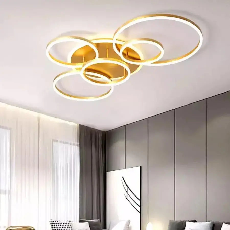 Lustra LED cu telecomanda LYRA 248W, 5 Cercuri, lumina Rece/Calda/Neutra, Dimabila, Auriu Periat Lustre LED cu Telecomanda Default Title Alessandro Design