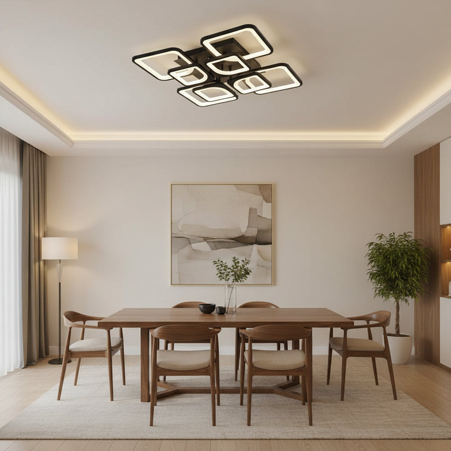Lampadario LED con telecomando ZOE, 8 Quadrati, 138W, Luce Fredda/Calda/Neutra, Dimmerabile, Nero