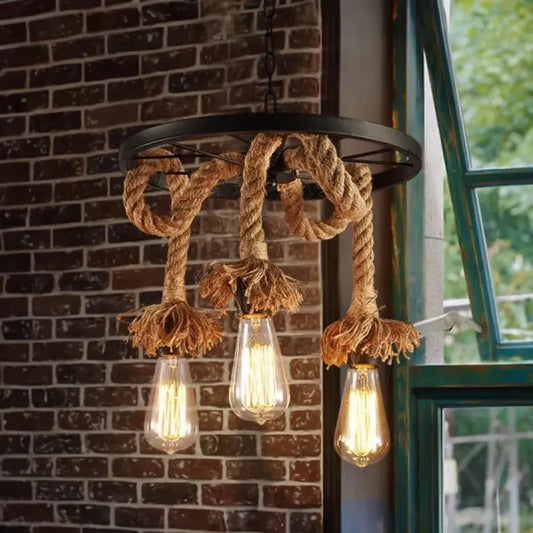 Lampadario a ruota, 3*E27, Marrone, Metallo e Corda Lampadari vintage Titolo predefinito Alessandro Design