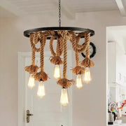 Lampadario a ruota, 6 x E27, marrone, metallo/lampadario a corde Titolo predefinito vintage Alessandro Design