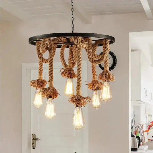 Lampadario a ruota, 6 x E27, marrone, metallo/lampadario a corde Titolo predefinito vintage Alessandro Design