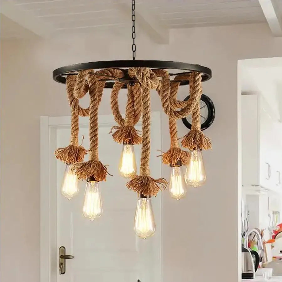 Lampadario a ruota, 6 x E27, marrone, metallo/lampadario a corde Titolo predefinito vintage Alessandro Design