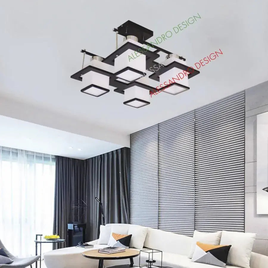 Lampadario classico Aramis in legno, paralume quadrato, 4 attacchi E27, lampadari classici bianco/nero Titolo predefinito Alessandro Design
