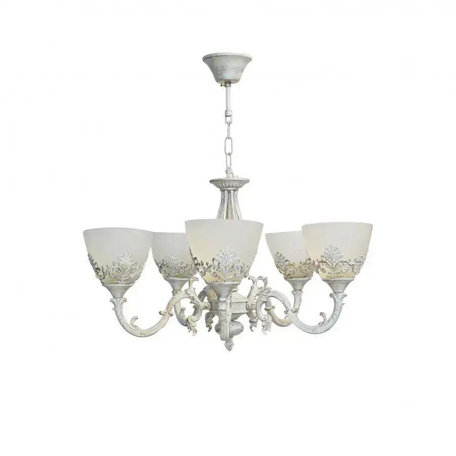 Lampadario VINTAGE, Tipologia a sospensione con bracci, COTTAGE, Circolare, 5xE27, Vetro e metallo, Lampadari classici bianchi Titolo predefinito Alessandro Design