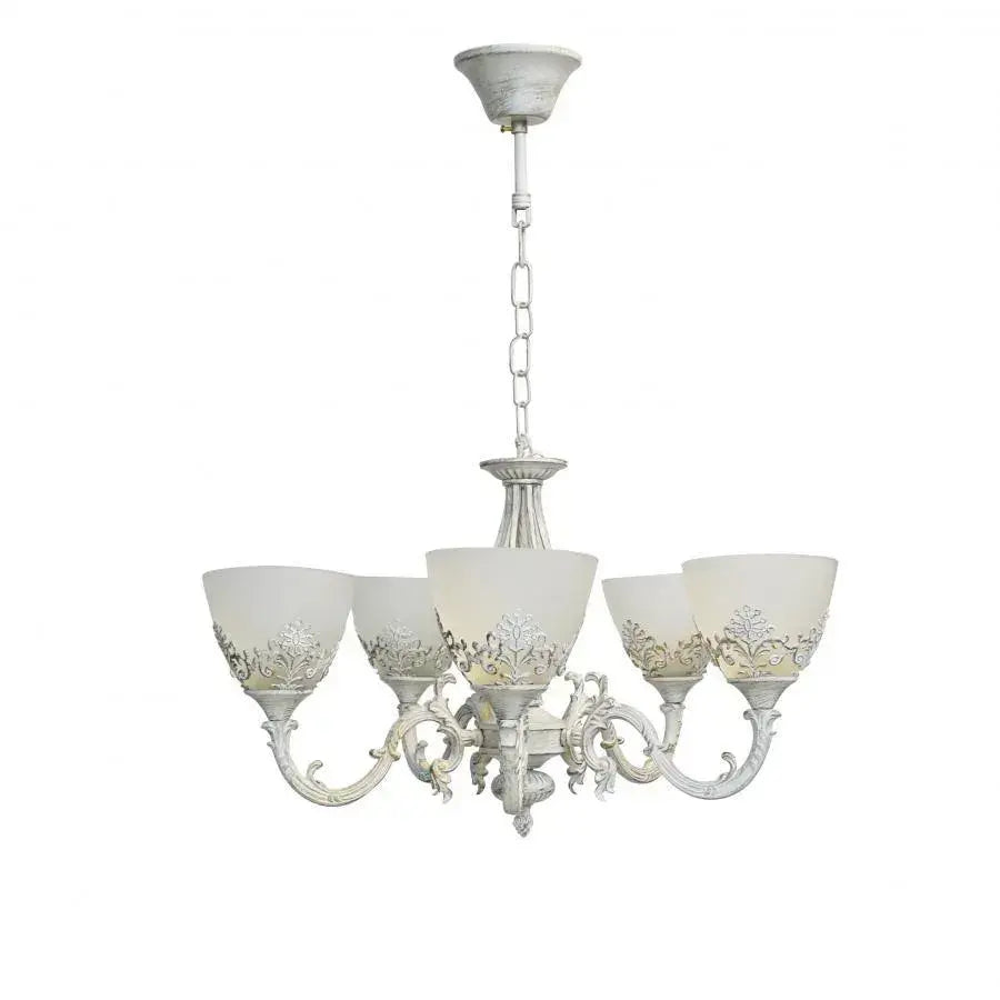 Lampadario VINTAGE, Tipologia a sospensione con bracci, COTTAGE, Circolare, 5xE27, Vetro e metallo, Lampadari classici bianchi Titolo predefinito Alessandro Design