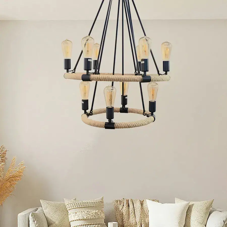 Lampadario rustico, 10xE27, marrone, metallo e corda Lampadario vintage Titolo predefinito Alessandro Design