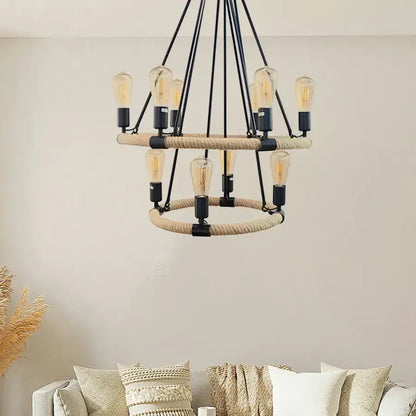 Lampadario rustico, 10xE27, marrone, metallo e corda Lampadario vintage Titolo predefinito Alessandro Design