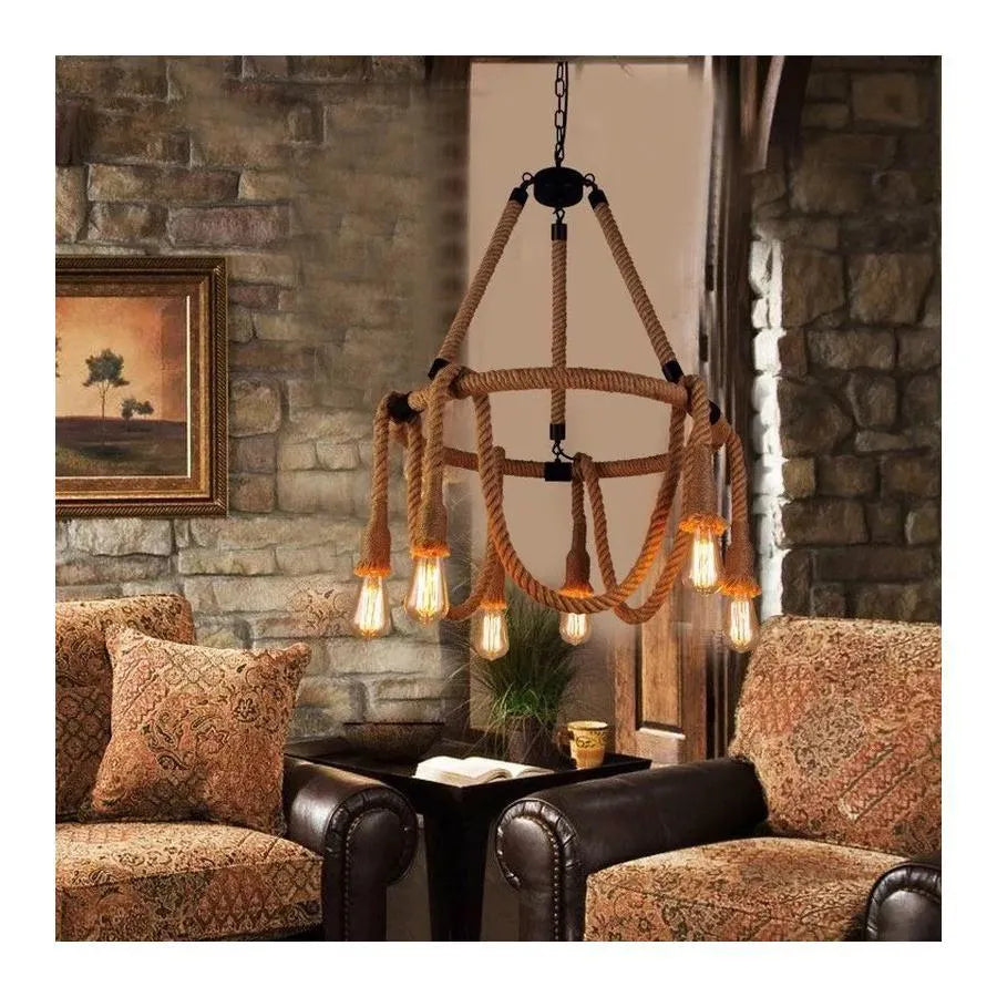 Lampadario rustico a corda 6x E27 Lampadari vintage sospesi a corda circolare Titolo predefinito Alessandro Design