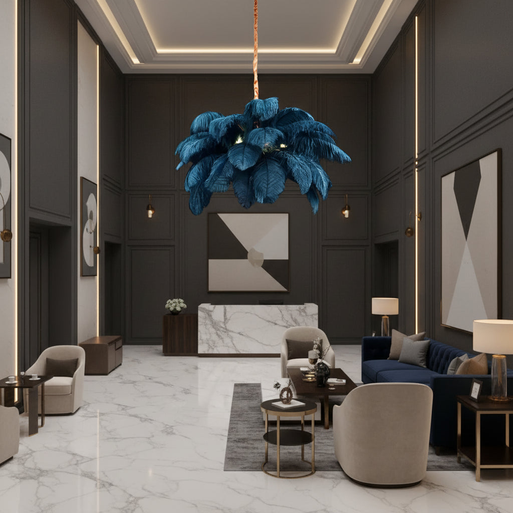 Lampadario Minoss, 8W, Luce Fredda 6000K, Piume, 1xE27, Diametro 75cm, Candelabro Moderno Nero Titolo predefinito Alessandro Design
