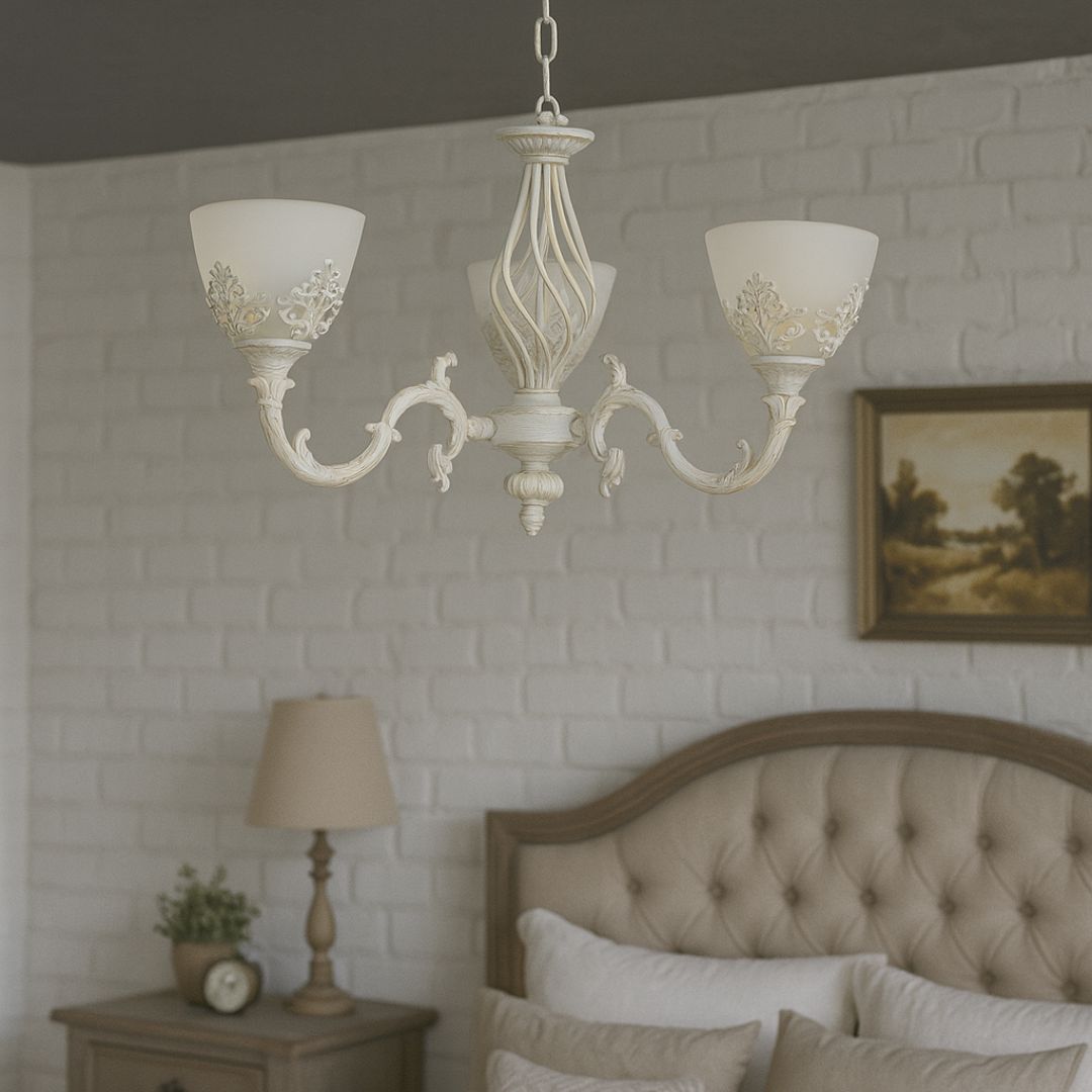 Lampadario VINTAGE, Tipologia a sospensione, COTTAGE, Circolare, 3xE27, Vetro e metallo, Lampadari classici bianchi Titolo predefinito Alessandro Design