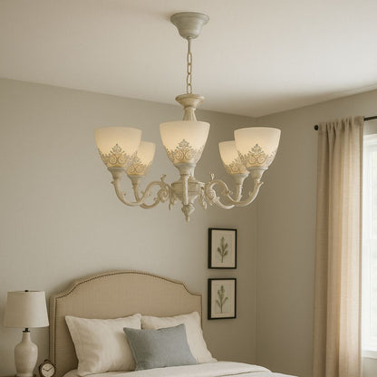 Lampadario VINTAGE, Tipologia a sospensione con bracci, COTTAGE, Circolare, 5xE27, Vetro e metallo, Lampadari classici bianchi Titolo predefinito Alessandro Design