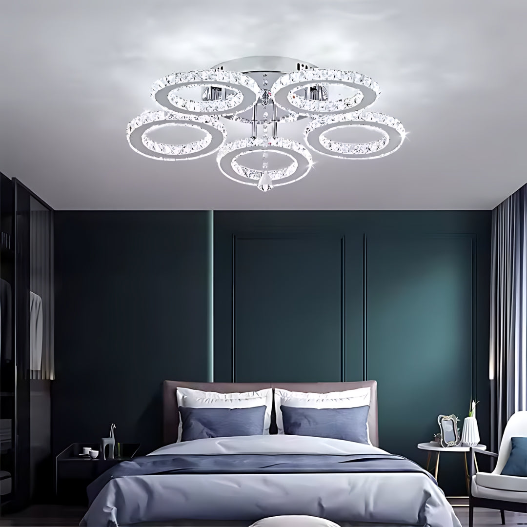 Lampadario LED con telecomando e cristallo ALANUBIS 80W, 5 Cerchi, Luce Fredda/Calda/Neutra, Dimmerabile, Lampadari LED in Cristallo Cromo Lucido Titolo predefinito Alessandro Design