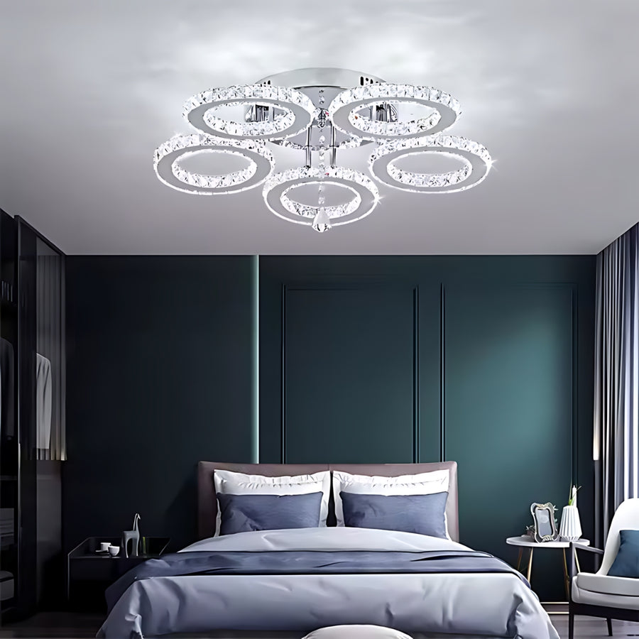 Lampadario LED con telecomando e cristallo ALANUBIS 80W, 5 Cerchi, Luce Fredda/Calda/Neutra, Dimmerabile, Lampadari LED in Cristallo Cromo Lucido Titolo predefinito Alessandro Design