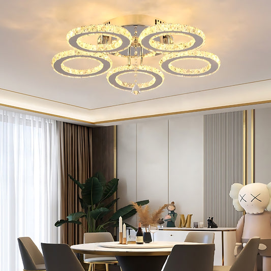 Lampadario LED con telecomando e cristallo ALANUBIS 80W, 5 Cerchi, Luce Fredda/Calda/Neutra, Dimmerabile, Lampadari LED in Cristallo Cromo Lucido Titolo predefinito Alessandro Design