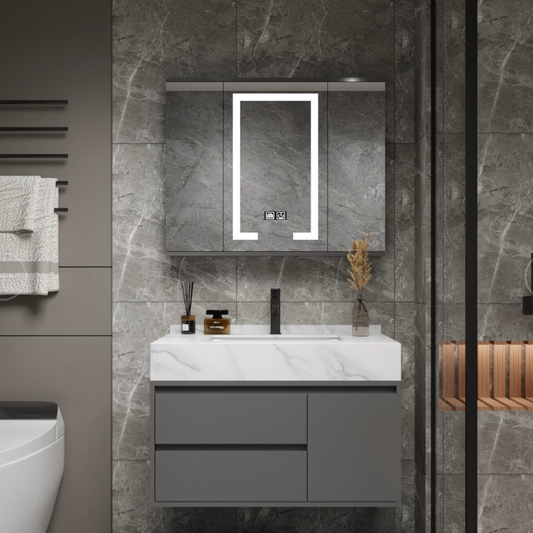 SANTORINI Set Mobili da Bagno, Mobile Lavabo + Mobile Specchio 80 cm, 2 Pezzi, Mobili Bagno Grigio e Bianco Titolo predefinito Alessandro Design
