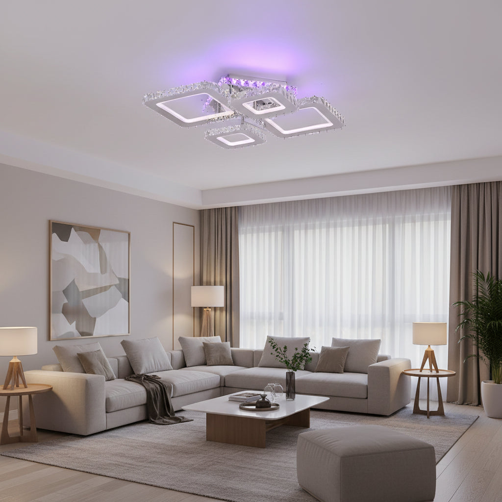 Lampadario LED con telecomando e cristallo NOVA RHOMBA RGB 95W, 4 Quadrati, Luce Fredda/Calda/Neutra, Dimmerabile, Lampadari LED e Cristalli Cromo Lucido Titolo predefinito Alessandro Design