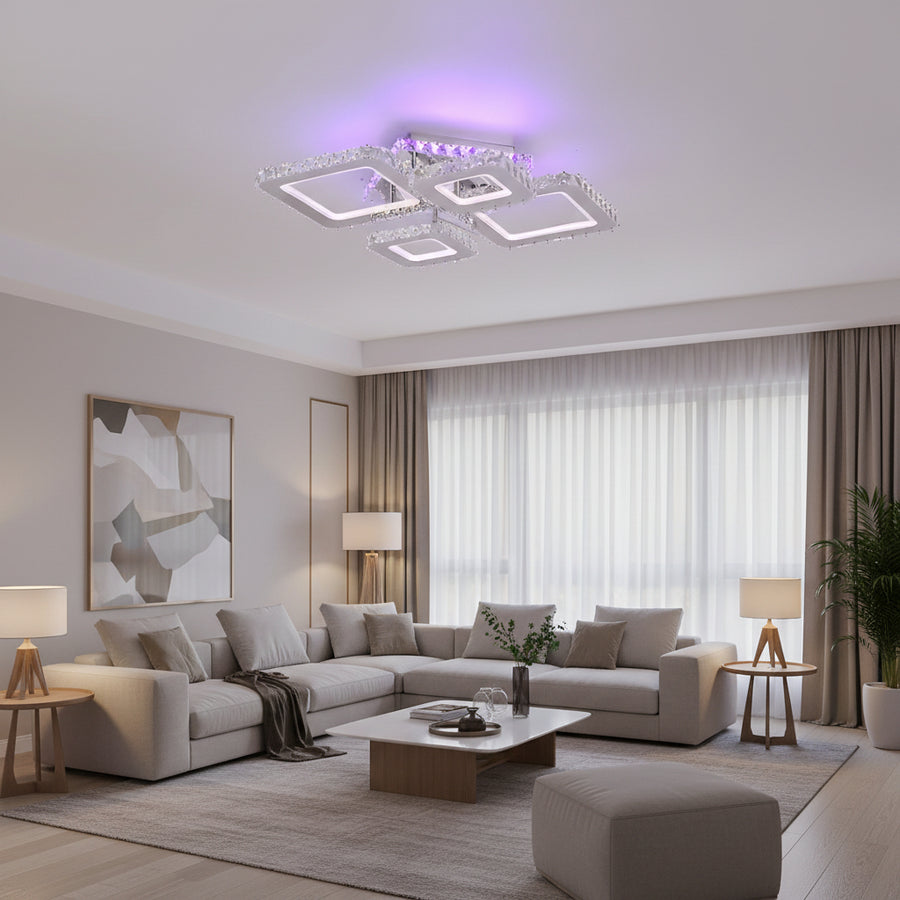 Lampadario LED con telecomando e cristallo NOVA RHOMBA RGB 95W, 4 Quadrati, Luce Fredda/Calda/Neutra, Dimmerabile, Lampadari LED e Cristalli Cromo Lucido Titolo predefinito Alessandro Design