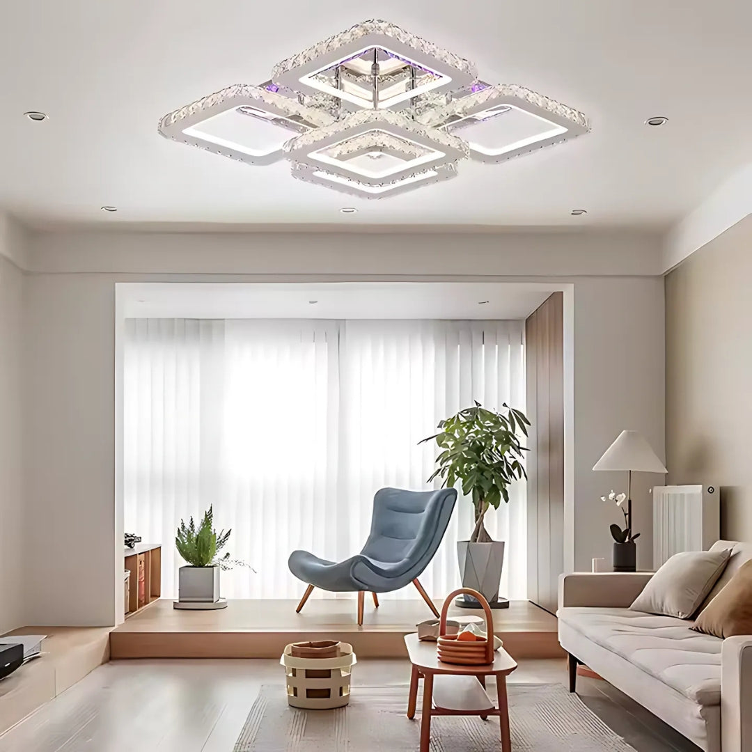 Lustra LED cu telecomanda cu cristal QUADRIA SUPREMO RGB, 143W, 5 Patrate, lumina Rece/Calda/Neutra, Dimabila, Crom Lucios Lustre LED cu Telecomanda Default Title Alessandro Design