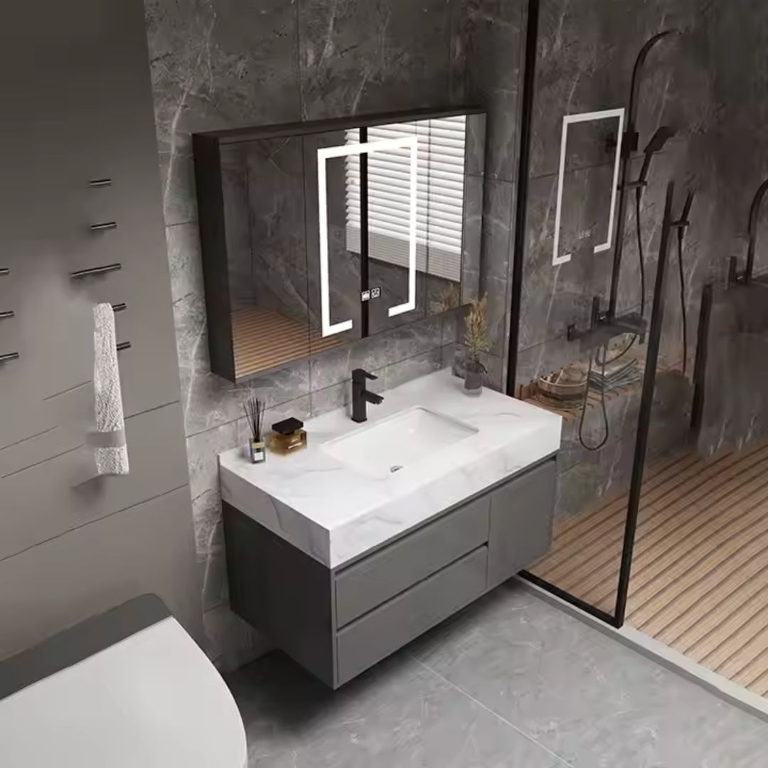 SANTORINI Set Mobili da Bagno, Mobile Lavabo + Mobile Specchio 80 cm, 2 Pezzi, Mobili Bagno Grigio e Bianco Titolo predefinito Alessandro Design