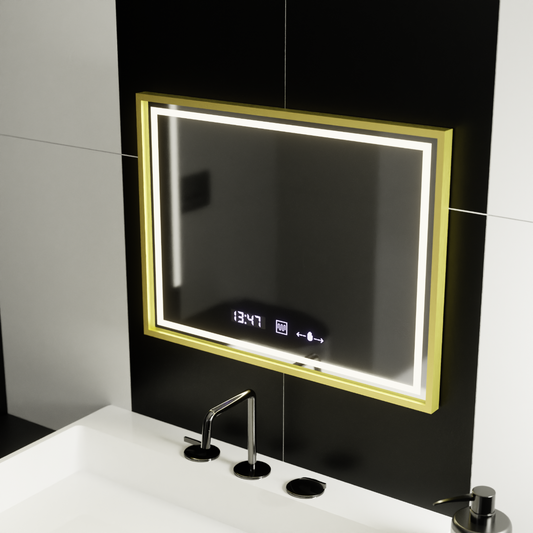 Specchio rettangolare a LED, 80x60 cm, Verite Royale Gold MotionGlow Marcello, sistema antiappannamento, orologio e termometro, specchi dimmerabili Marcello Titolo predefinito Alessandro Design