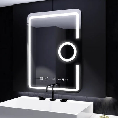 Specchio rettangolare a LED, 60x80 cm, Eclat MotionGlow Marcello, Orologio e Termometro, Sistema Demister, Lente d'ingrandimento cosmetica, Specchi Dimabila Marcello Titolo predefinito Alessandro Design