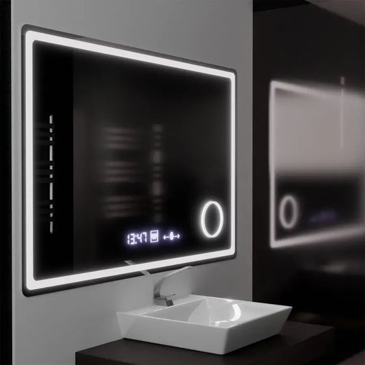 Specchio rettangolare a LED, 120x80 cm, Souverain MotionGlow Marcello, sistema antiappannamento, orologio e termometro, lente d'ingrandimento cosmetica, specchi Marcello dimmerabili Titolo predefinito Alessandro Design