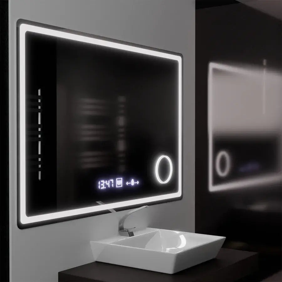 Specchio rettangolare a LED, 120x80 cm, Souverain MotionGlow Marcello, sistema antiappannamento, orologio e termometro, lente d'ingrandimento cosmetica, specchi Marcello dimmerabili Titolo predefinito Alessandro Design