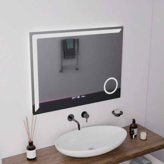 Specchio rettangolare a LED, 80x60 cm, Precision MotionGlow Marcello, sistema antiappannamento, orologio e termometro, lente d'ingrandimento cosmetica, specchi Marcello dimmerabili Titolo predefinito Alessandro Design