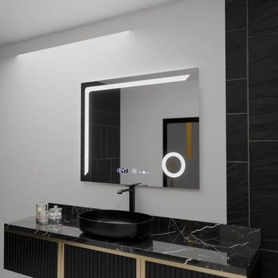 Specchio LED rettangolare, 100x80 cm, Precision MotionGlow Marcello, sistema antiappannamento, orologio e termometro, lente d'ingrandimento cosmetica, dimmerabile