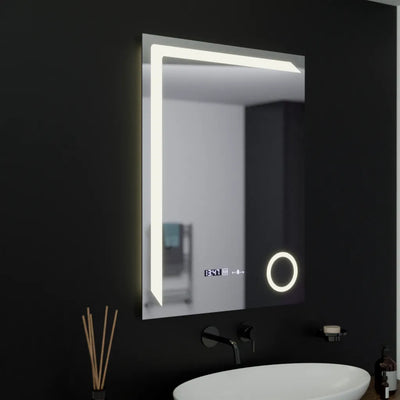 Specchio rettangolare a LED, 60x80 cm, Precision MotionGlow Marcello, sistema di disappannamento, orologio e termometro, lente d'ingrandimento cosmetica, dimmerabile