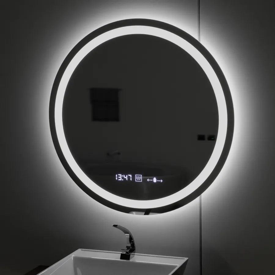 Specchio rotondo a LED, diametro 50 cm, Celeste MotionGlow Marcello, sistema antiappannamento, orologio e termometro, dimmerabile, luce calda neutra fredda 3000K/4000K/6000K Marcello Mirrors Titolo predefinito Alessandro Design