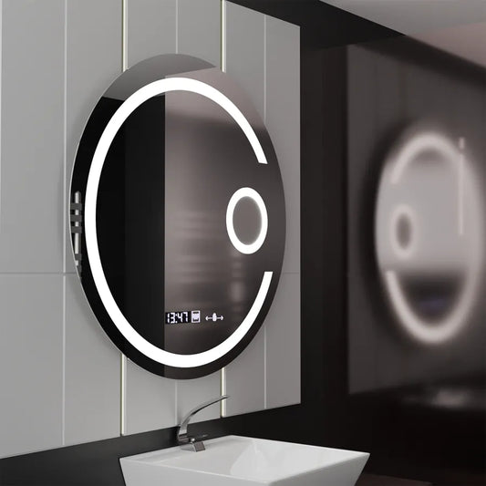 Specchio rotondo a LED, 22 W, 70 cm, Visio MotionGlow Marcello, sistema antiappannamento, orologio e termometro, lente d'ingrandimento cosmetica, specchi Marcello dimmerabili Titolo predefinito Alessandro Design