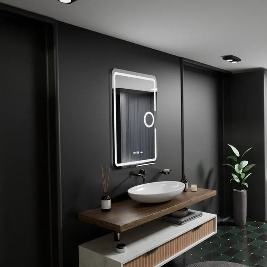 Specchio rettangolare a LED, 50x70 cm, Eclat MotionGlow Marcello, sistema antiappannamento, orologio e termometro, lente d'ingrandimento cosmetica, specchi Marcello dimmerabili Titolo predefinito Alessandro Design